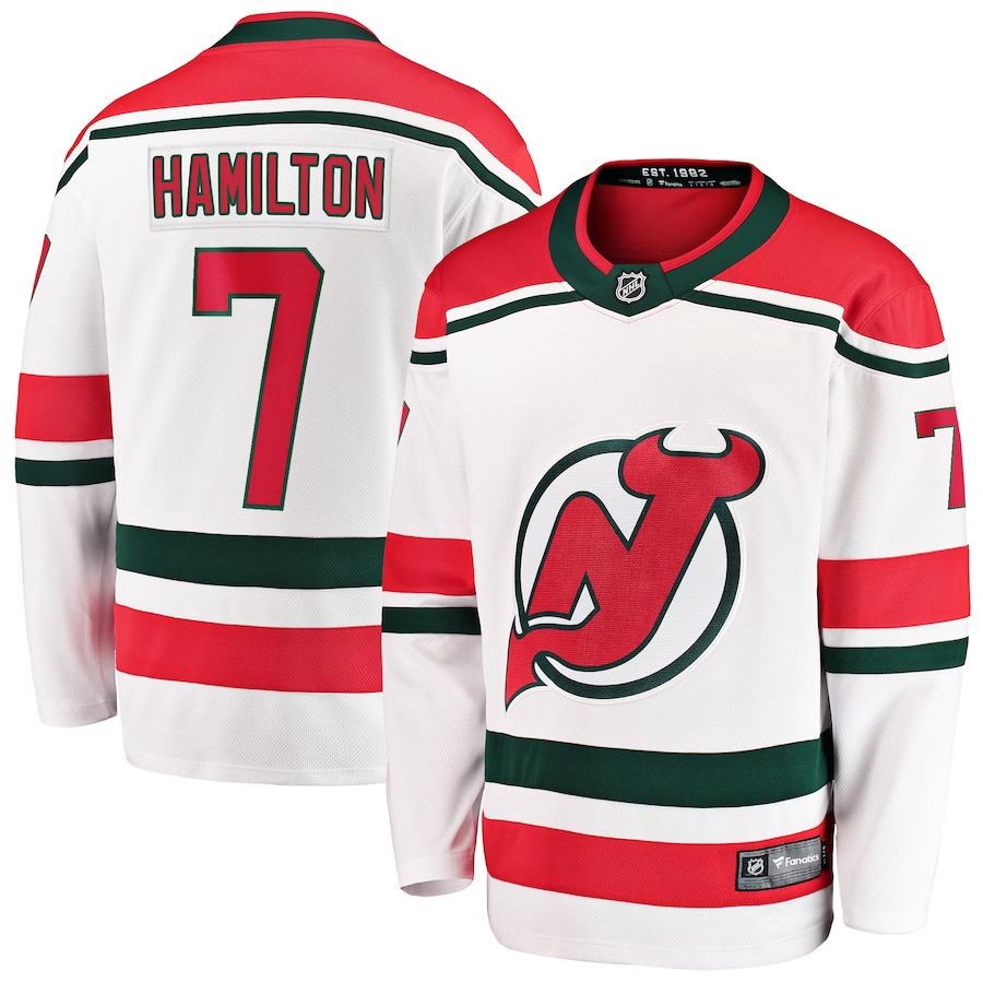 Men New Jersey Devils #7 Dougie Hamilton Fanatics Branded White 2022-23 Heritage Premier Breakaway NHL Jersey->new jersey devils->NHL Jersey